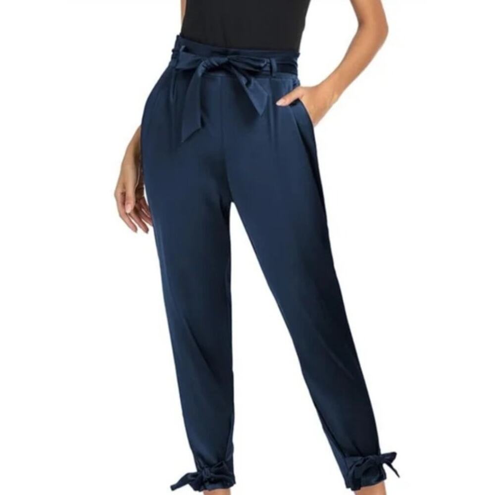 Grace Karin NWT Navy Blue High Rise Paperbag‎ Skinny Cropped Belted Pants Sz 2XL